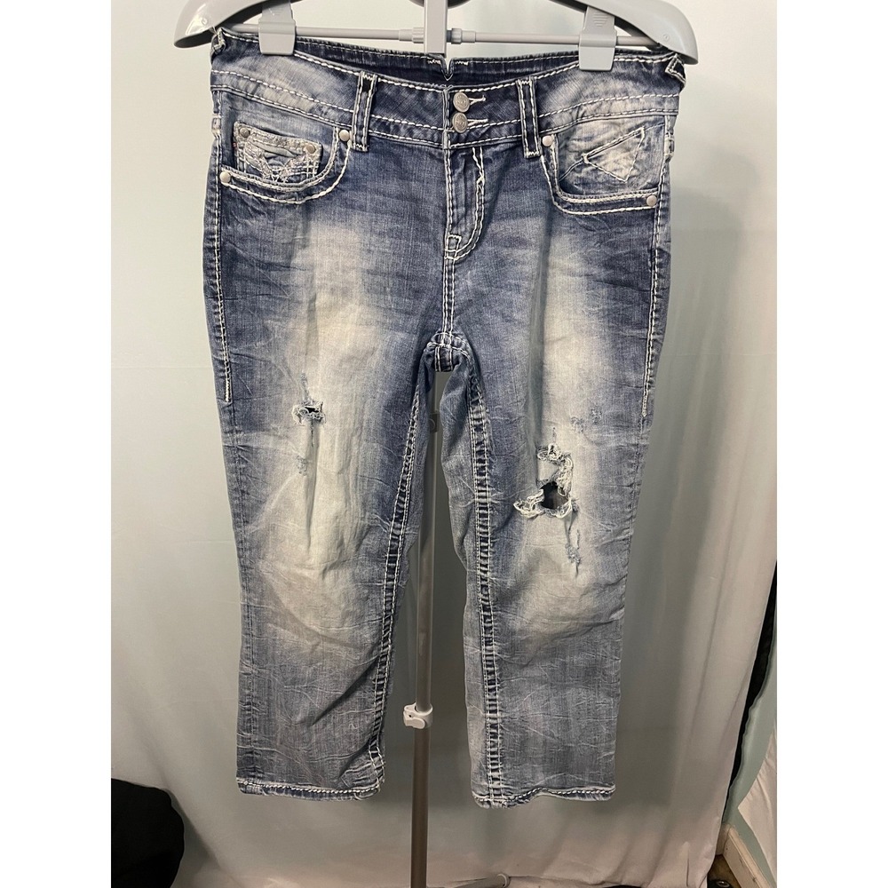 Y2K Vigoss Women's Blue Denim Embellished Pockets‎ Ripped Distressed Jeans 9/10